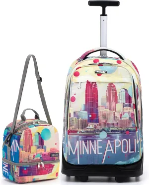NEW TILAMI 19 Inch Rolling Backpack with Matching Lunch Bag Durable for Girls and Boys Wheeled Laptop Backpack Carry-on Bag School Travel, City (No USB interface)