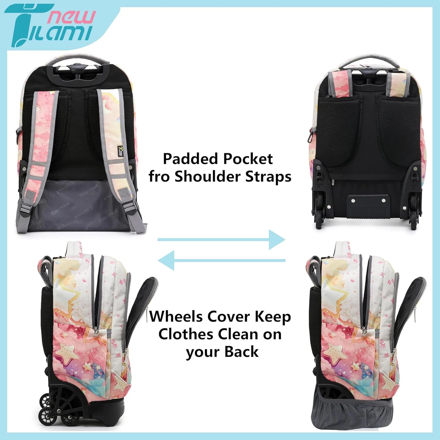 NEW TILAMI Girls 18 inch Rolling Backpack - Large Capacity, Waterproof, Adjustable Handle, Stylish Design, Ideal for School & Travel, Starshine