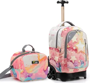 NEW TILAMI Girls 18 inch Rolling Backpack - Large Capacity, Waterproof, Adjustable Handle, Stylish Design, Ideal for School & Travel, Starshine