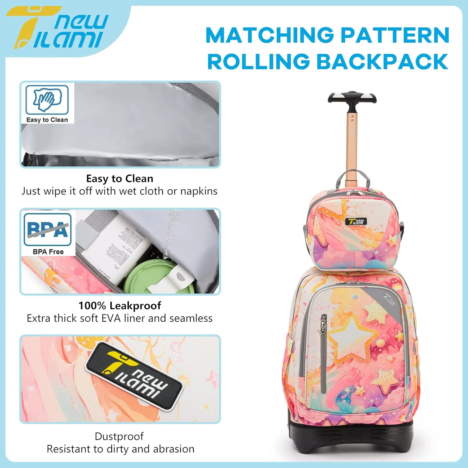NEW TILAMI Girls 18 inch Rolling Backpack - Large Capacity, Waterproof, Adjustable Handle, Stylish Design, Ideal for School & Travel, Starshine