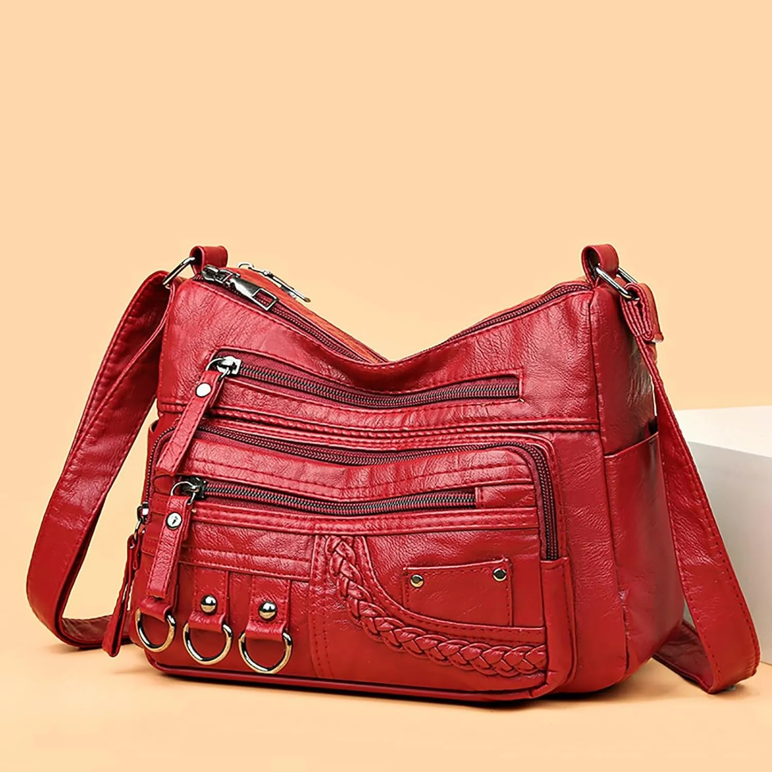 New Vintage Fashionable Large Space Weaving Crossbody Bag Simple And Magnificent Messenger Bag with Lots (Red, One Size)