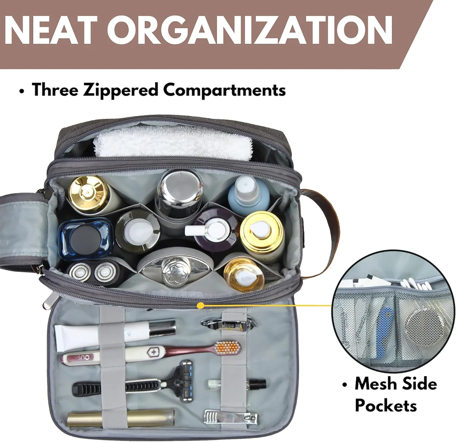 NGIL Traveling Toiletry Bag, Canvas Toiletry Organizer for Women and Men, Cosmetic Case, Skincare, Shaving Kit Organizer Traveling Toiletry Bag (Gray, Medium)
