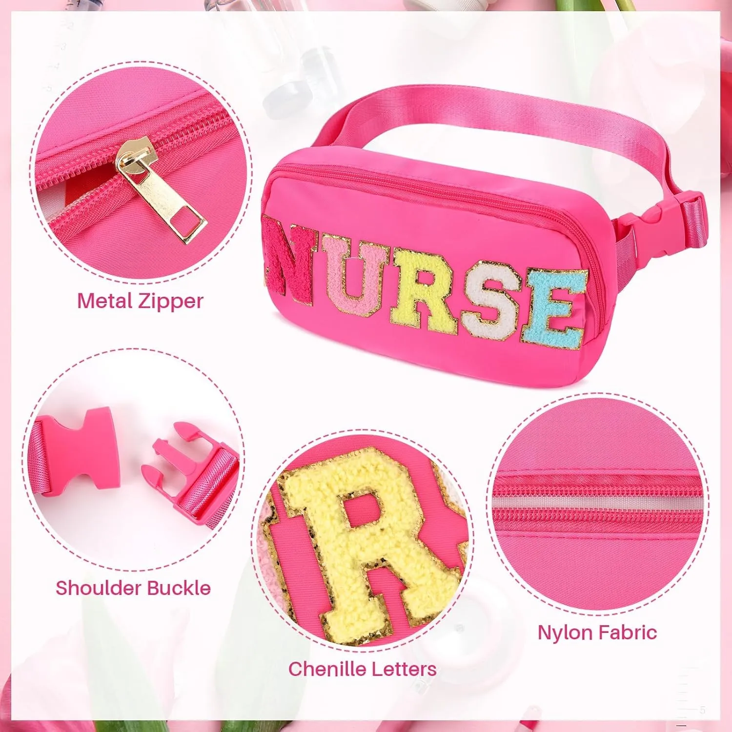Nurse Bag Chenille Letter Patch Belt Nurse Bags Nurse Gift Cosmetic Bag Hot Pink Purse Crossbody Bag Nylon Adjustable Strap for Women Friends Coworkers Zipper Makeup Pouch
