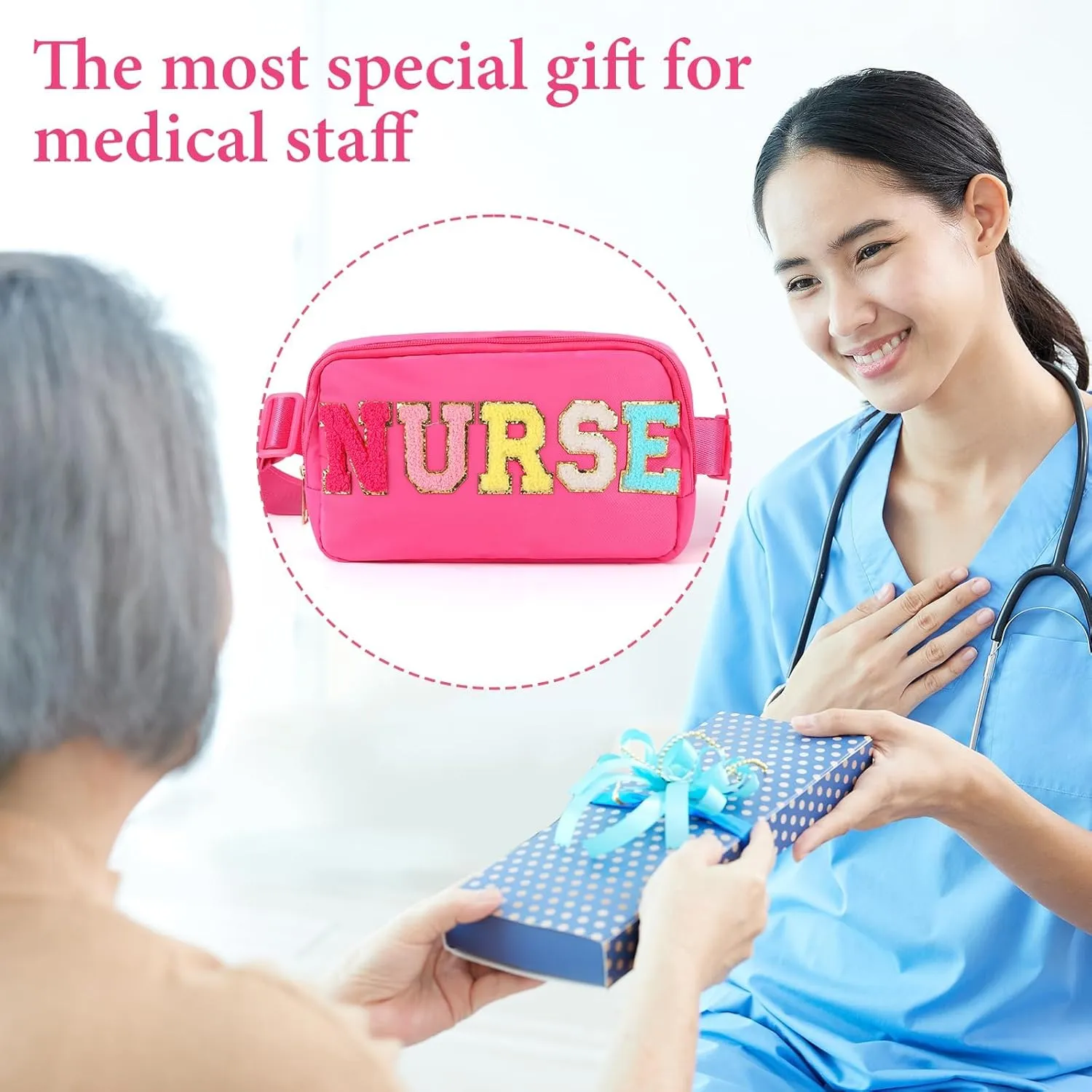 Nurse Bag Chenille Letter Patch Belt Nurse Bags Nurse Gift Cosmetic Bag Hot Pink Purse Crossbody Bag Nylon Adjustable Strap for Women Friends Coworkers Zipper Makeup Pouch