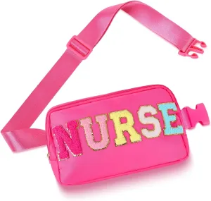 Nurse Bag Chenille Letter Patch Belt Nurse Bags Nurse Gift Cosmetic Bag Hot Pink Purse Crossbody Bag Nylon Adjustable Strap for Women Friends Coworkers Zipper Makeup Pouch