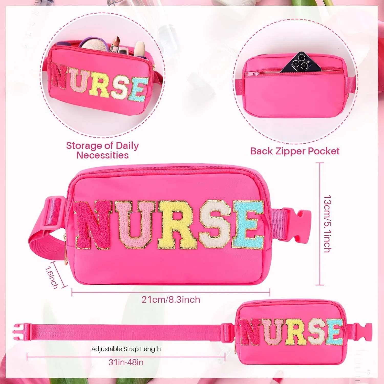 Nurse Bag Chenille Letter Patch Belt Nurse Bags Nurse Gift Cosmetic Bag Hot Pink Purse Crossbody Bag Nylon Adjustable Strap for Women Friends Coworkers Zipper Makeup Pouch