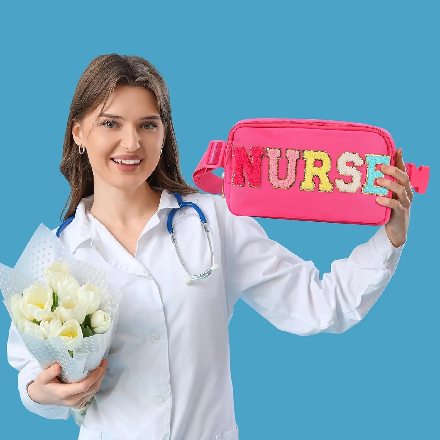 Nurse Bag Chenille Letter Patch Belt Nurse Bags Nurse Gift Cosmetic Bag Hot Pink Purse Crossbody Bag Nylon Adjustable Strap for Women Friends Coworkers Zipper Makeup Pouch