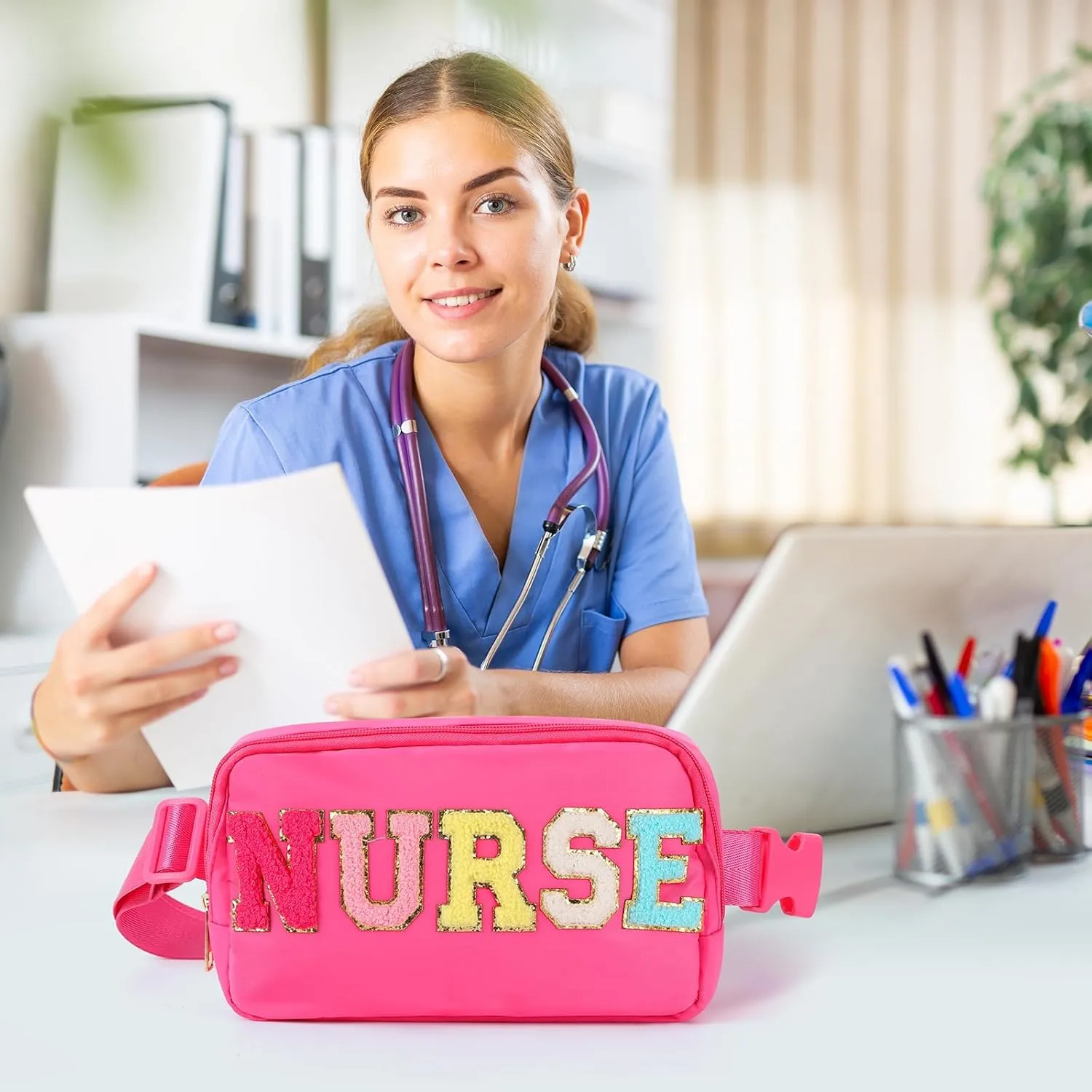 Nurse Bag Chenille Letter Patch Belt Nurse Bags Nurse Gift Cosmetic Bag Hot Pink Purse Crossbody Bag Nylon Adjustable Strap for Women Friends Coworkers Zipper Makeup Pouch