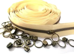 Nylon Coil Zipper- 5 Yards, Antique Brass Metallic Teeth, Beige Tape with 20 PCS Sliders- DIY Tailoring Zipper for Crafts