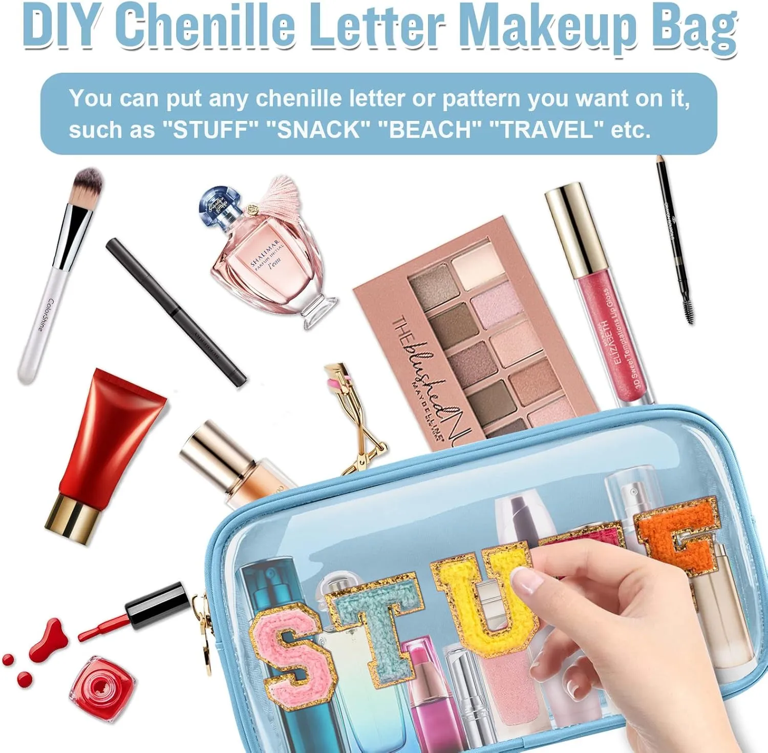 Nylon Small Clear Makeup Bag for Purse, Cute Makeup Bag Preppy Cosmetic Zipper Pouch Purse, Waterproof Travel Toiletry Bag Coin Pouch Clutch Make Up Brush Bag Organizer Storage for Women Ladies(Blue)