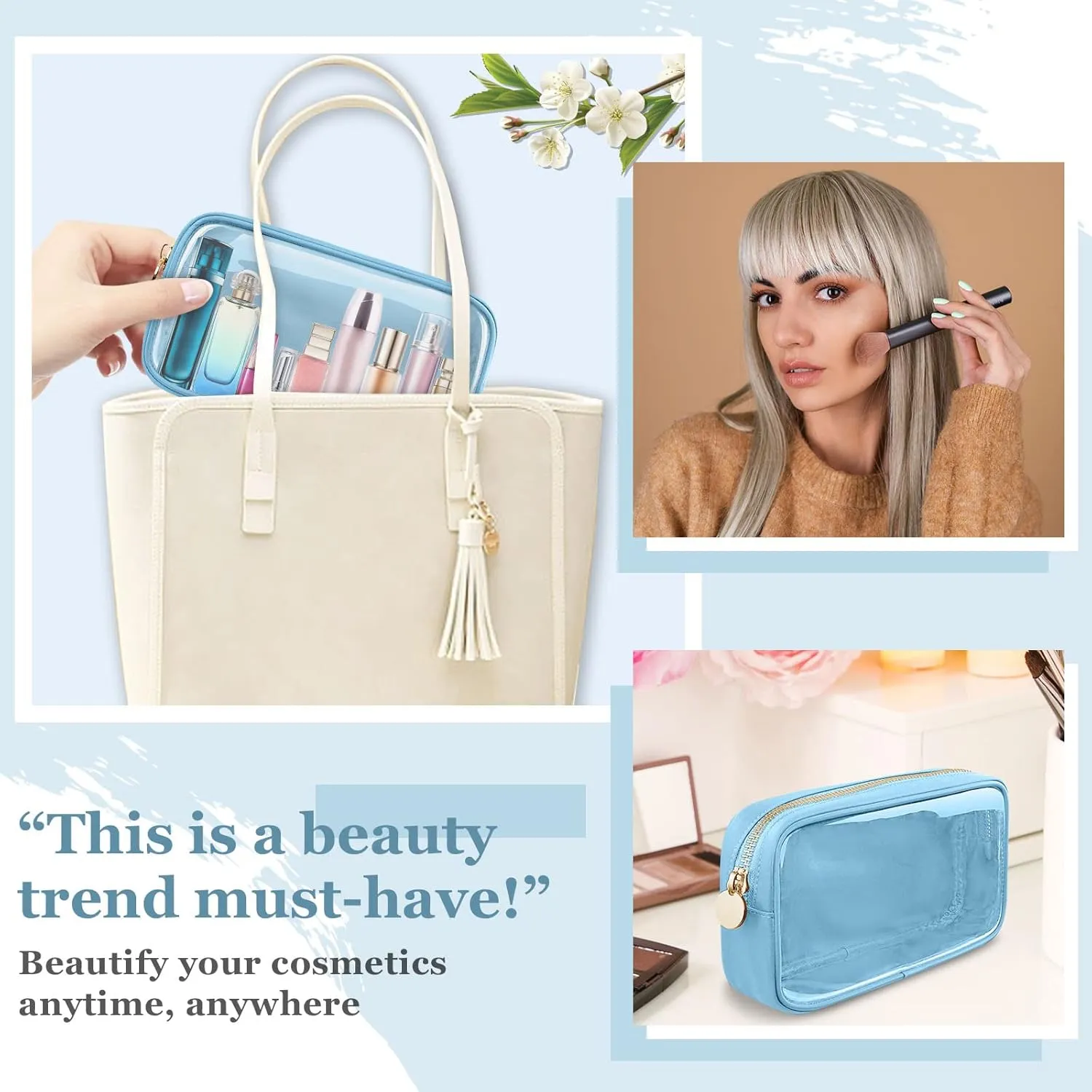 Nylon Small Clear Makeup Bag for Purse, Cute Makeup Bag Preppy Cosmetic Zipper Pouch Purse, Waterproof Travel Toiletry Bag Coin Pouch Clutch Make Up Brush Bag Organizer Storage for Women Ladies(Blue)