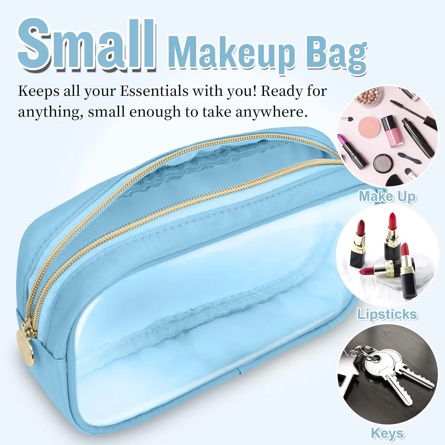 Nylon Small Clear Makeup Bag for Purse, Cute Makeup Bag Preppy Cosmetic Zipper Pouch Purse, Waterproof Travel Toiletry Bag Coin Pouch Clutch Make Up Brush Bag Organizer Storage for Women Ladies(Blue)