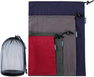Nylon Stuff Sack Set 5-Piece (1.4L/2.7L/3L/7.5L/15L); Drawstring Storage Sack; Mesh Bags; Ditty Bags Small M Large XL for Organization Travel Camping Backpacking Down Jacket; Assorted Colors