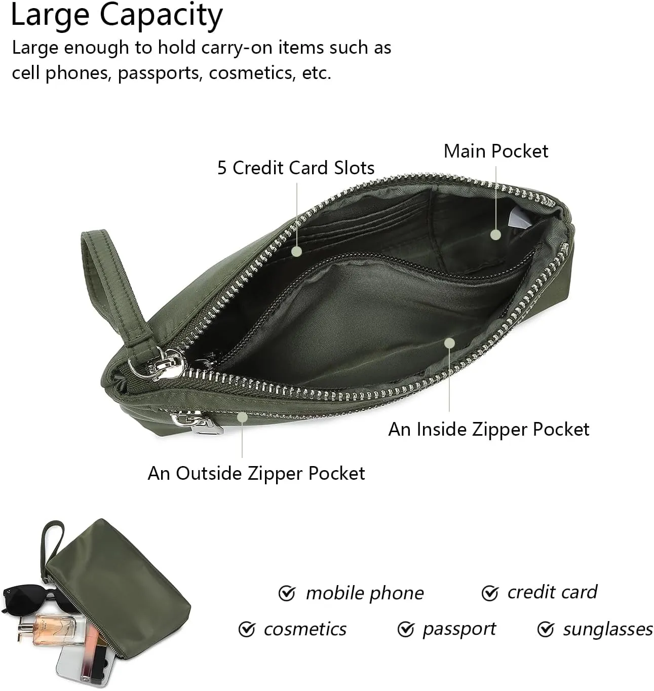 Nylon Wristbands Bag Makeup Pouch for Purse Waterproof Wristbands Bag with Zipper Pocket Credit Card Pouch