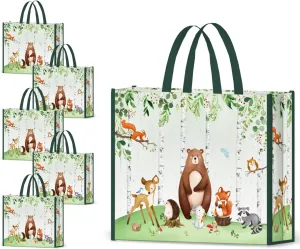 NymphFable 5 Pack Foldable Tote Bags 17.7 * 15 * 5 inches Kids Party & Reusable Candy Goodie Washable Grocery Animal Pattern Treat Shopping Bags