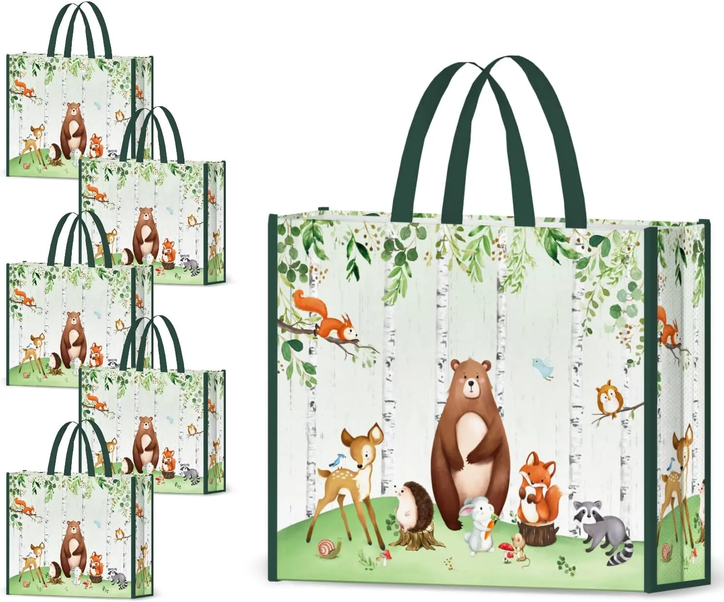 NymphFable 5 Pack Foldable Tote Bags 17.7 * 15 * 5 inches Kids Party & Reusable Candy Goodie Washable Grocery Animal Pattern Treat Shopping Bags