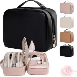 Obviousliy Multi-compartment Toiletry Cosmetics Bag, obviously makeup bags, women's pu leather waterproof, Large Capacity & Portable, Bathroom Travel, implements find dedicated dwellings (Black)