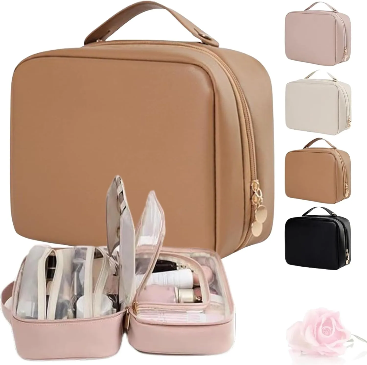 Obviousliy Multi-compartment Toiletry Cosmetics Bag, obviously makeup bags, women's pu leather waterproof, Large Capacity & Portable, Bathroom Travel, implements find dedicated dwellings (Brown)