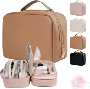 Obviousliy Multi-compartment Toiletry Cosmetics Bag, obviously makeup bags, women's pu leather waterproof, Large Capacity & Portable, Bathroom Travel, implements find dedicated dwellings (Brown)