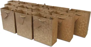 OccasionALL Medium Gift Bags with Handles, Brown Gold Paper Tote for Holidays, Christmas, Cards, Weddings, Birthdays, Shopping, Bulk, 7.5x3.5x9 12 Pack