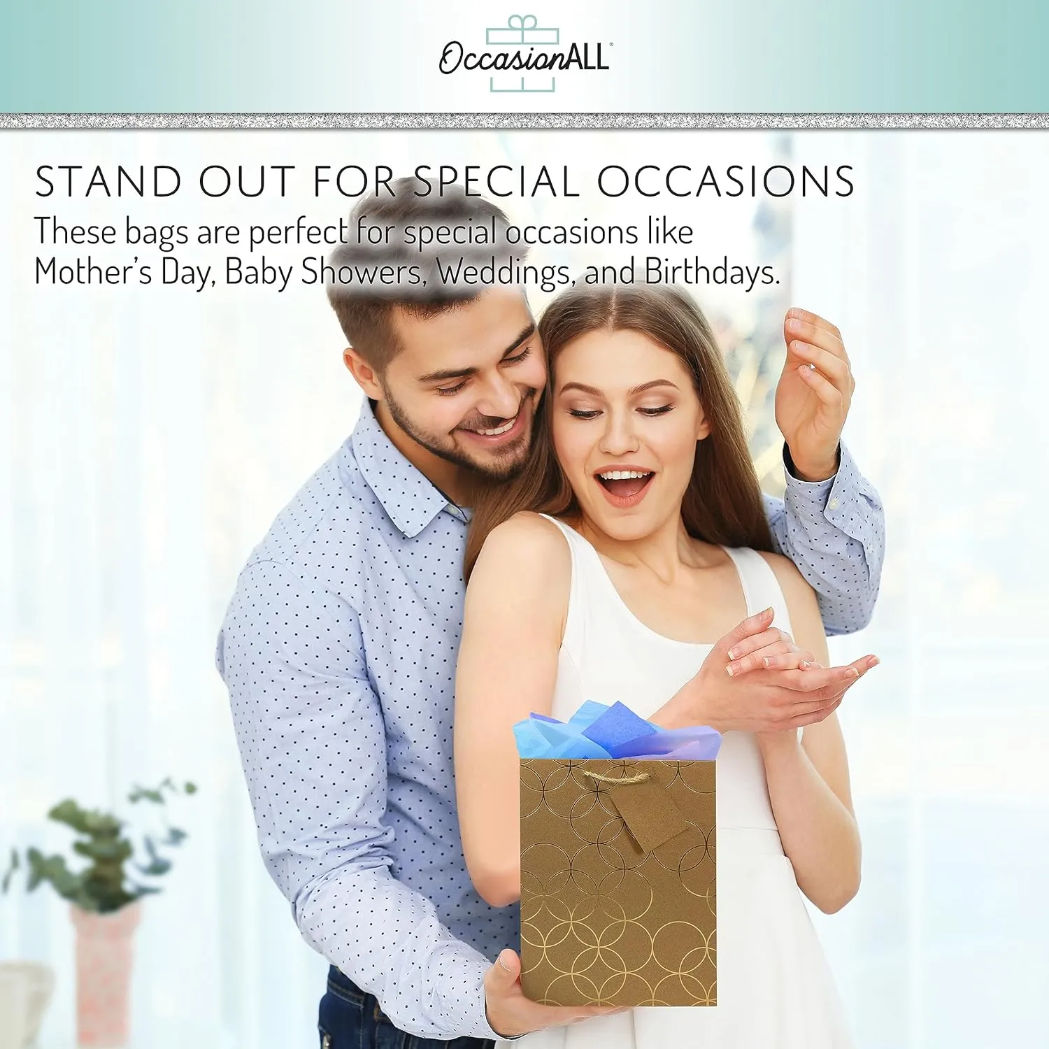OccasionALL Medium Gift Bags with Handles, Brown Gold Paper Tote for Holidays, Christmas, Cards, Weddings, Birthdays, Shopping, Bulk, 7.5x3.5x9 12 Pack