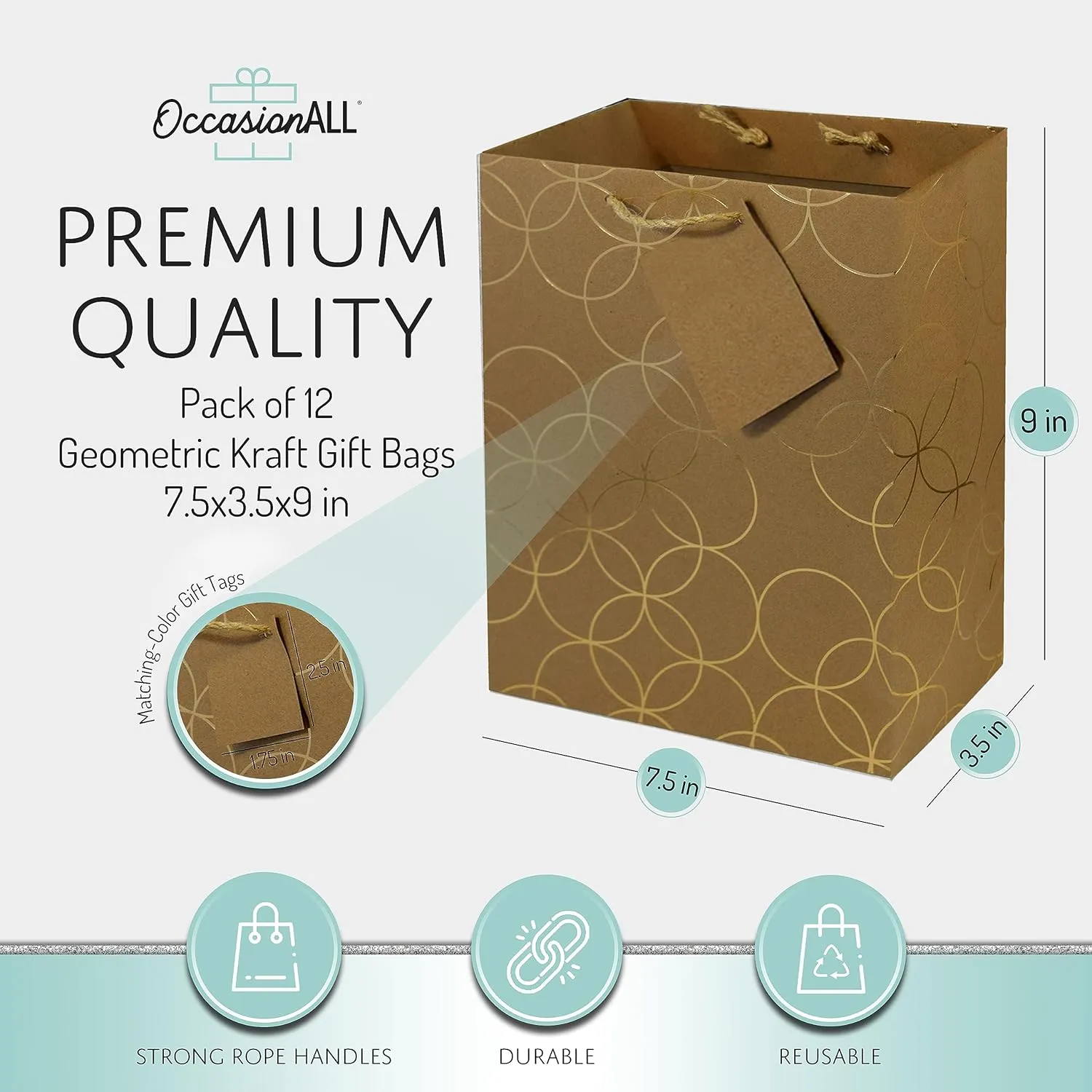 OccasionALL Medium Gift Bags with Handles, Brown Gold Paper Tote for Holidays, Christmas, Cards, Weddings, Birthdays, Shopping, Bulk, 7.5x3.5x9 12 Pack