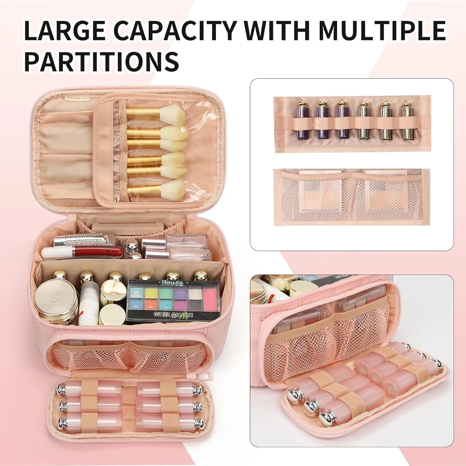 OCHEAL Makeup Bag, Multifunctional Make Up Bags Large Compact Makeup Bag Organizer Cosmetics Toiletry Brushes Storage Case for Women Girls Makeup Case with Handle Divider-Pink Large