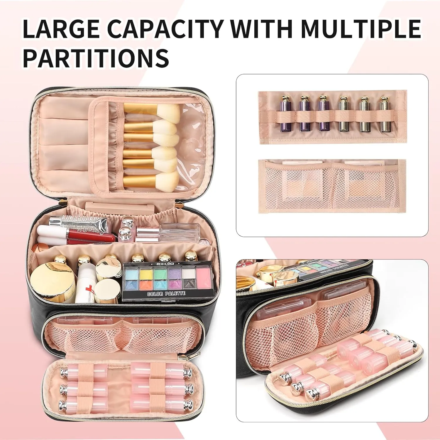 OCHEAL Makeup Bag, Multifunctional Make Up Bags with Zipper Pouch Large Compact Makeup Bag Organizer for Women Girls Cosmetics Toiletry Brushes Storage Makeup Case with Handle Divider-Black