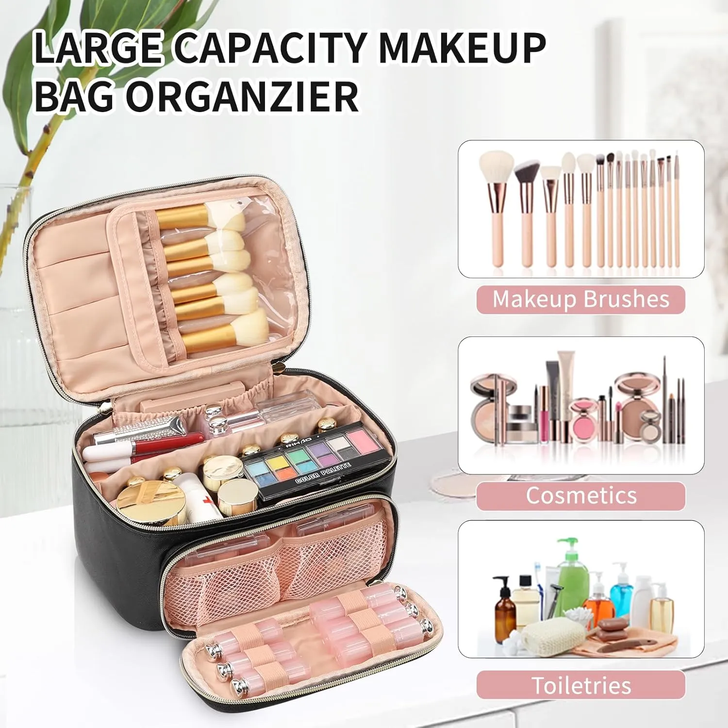 OCHEAL Makeup Bag, Multifunctional Make Up Bags with Zipper Pouch Large Compact Makeup Bag Organizer for Women Girls Cosmetics Toiletry Brushes Storage Makeup Case with Handle Divider-Black