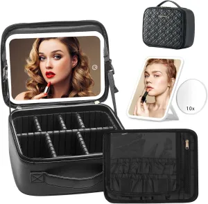 Omobolanle Makeup Bag with Mirror Led Light Detachable Portable Make up Travel Train Case with Adjustable Dividers and 10x Magnifying Mirror Black