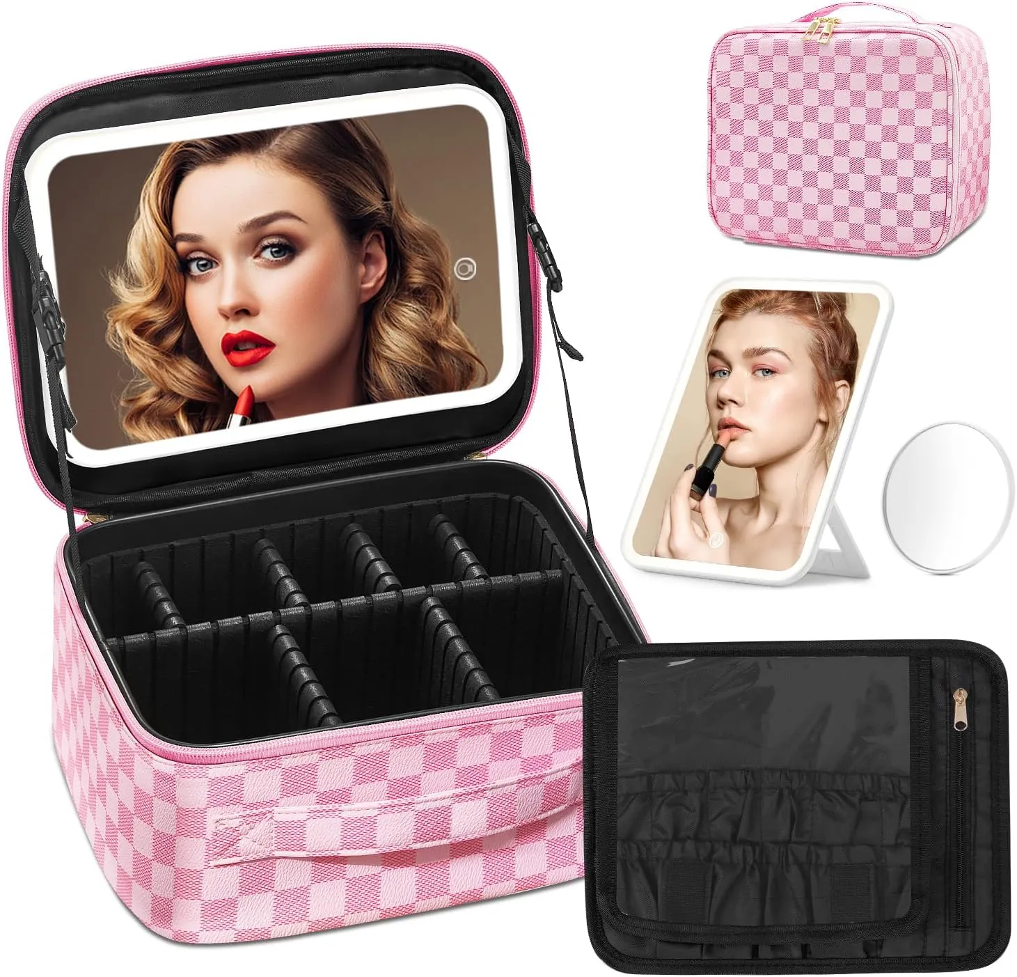 Omobolanle Makeup Bag with Mirror Led Light Detachable Portable Makeup Organizer Travel Cosmetic Train Case with Dividers and 10x Magnifying Mirror Cosmetic Toiletry Bag Pink/White