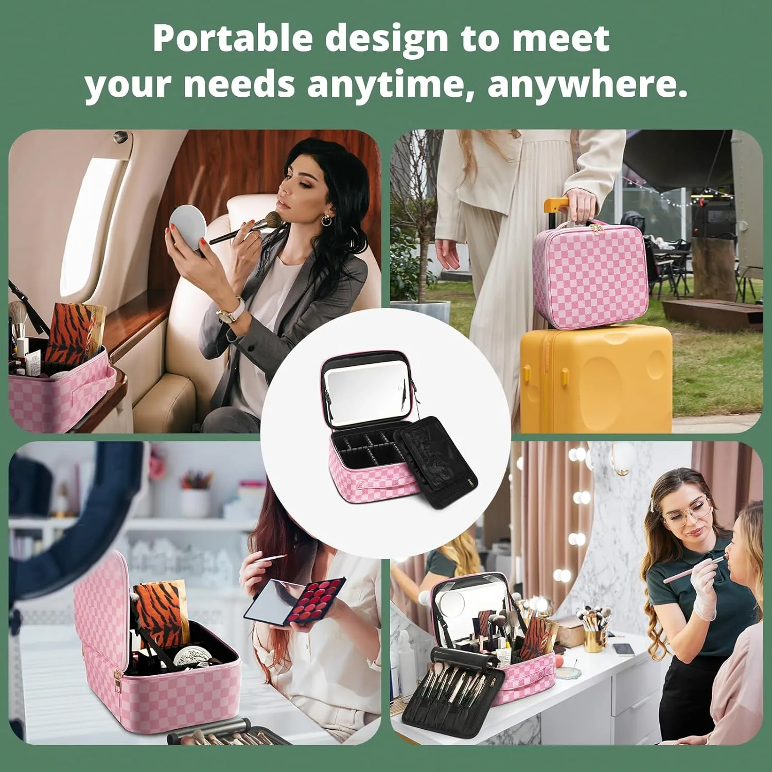 Omobolanle Makeup Bag with Mirror Led Light Detachable Portable Makeup Organizer Travel Cosmetic Train Case with Dividers and 10x Magnifying Mirror Cosmetic Toiletry Bag Pink/White