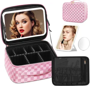 Omobolanle Makeup Bag with Mirror Led Light Detachable Portable Makeup Organizer Travel Cosmetic Train Case with Dividers and 10x Magnifying Mirror Cosmetic Toiletry Bag Pink/White