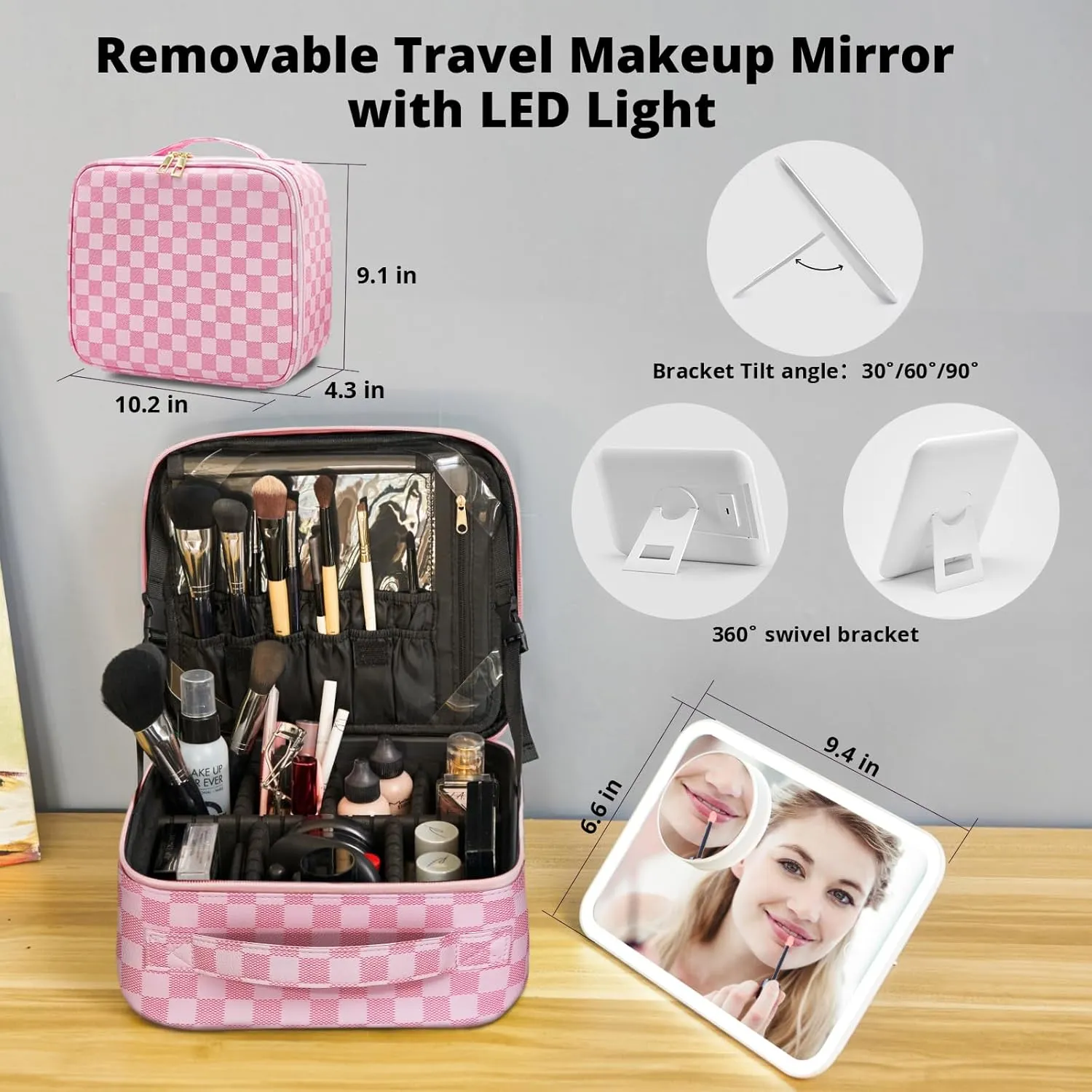 Omobolanle Makeup Bag with Mirror Led Light Detachable Portable Makeup Organizer Travel Cosmetic Train Case with Dividers and 10x Magnifying Mirror Cosmetic Toiletry Bag Pink/White