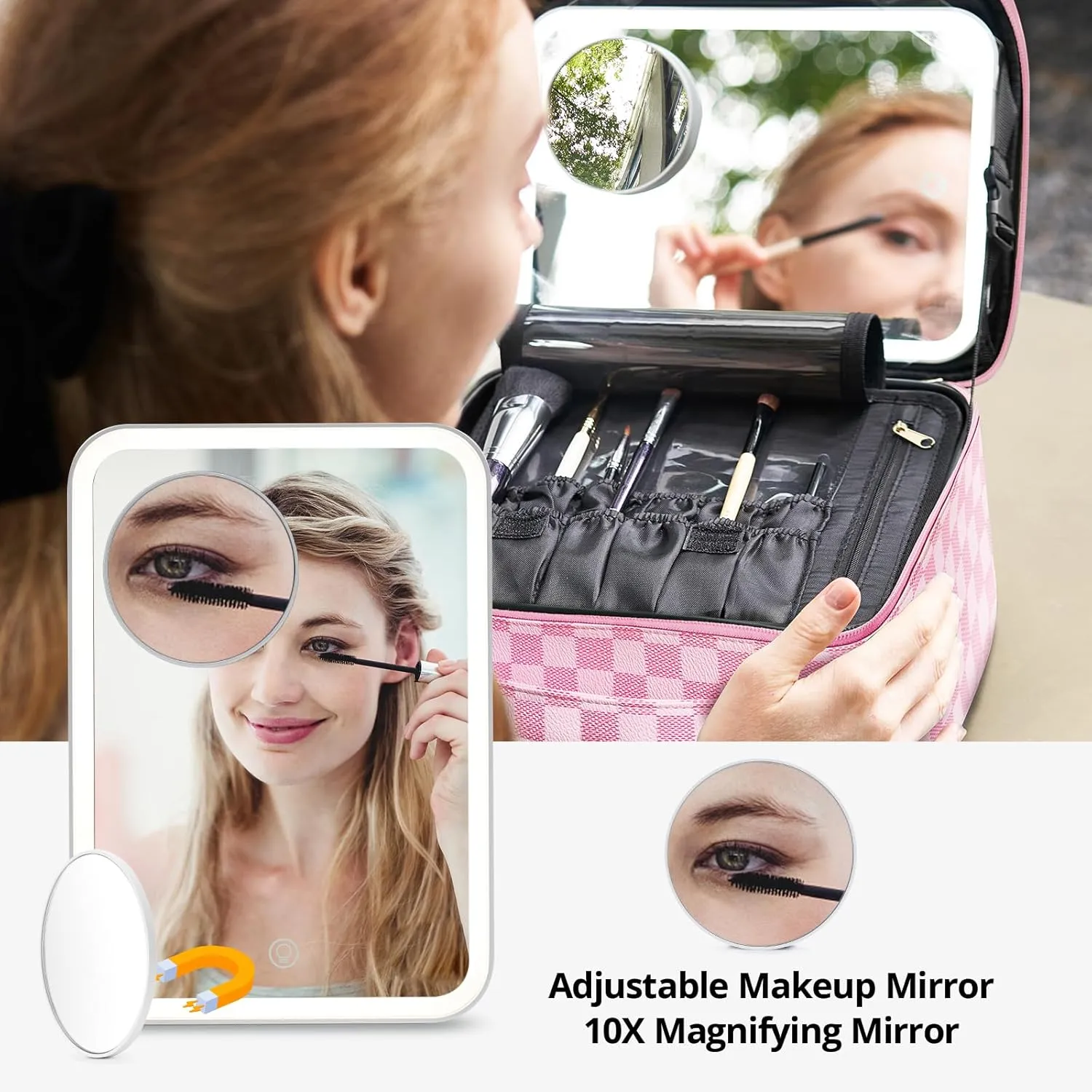 Omobolanle Makeup Bag with Mirror Led Light Detachable Portable Makeup Organizer Travel Cosmetic Train Case with Dividers and 10x Magnifying Mirror Cosmetic Toiletry Bag Pink/White