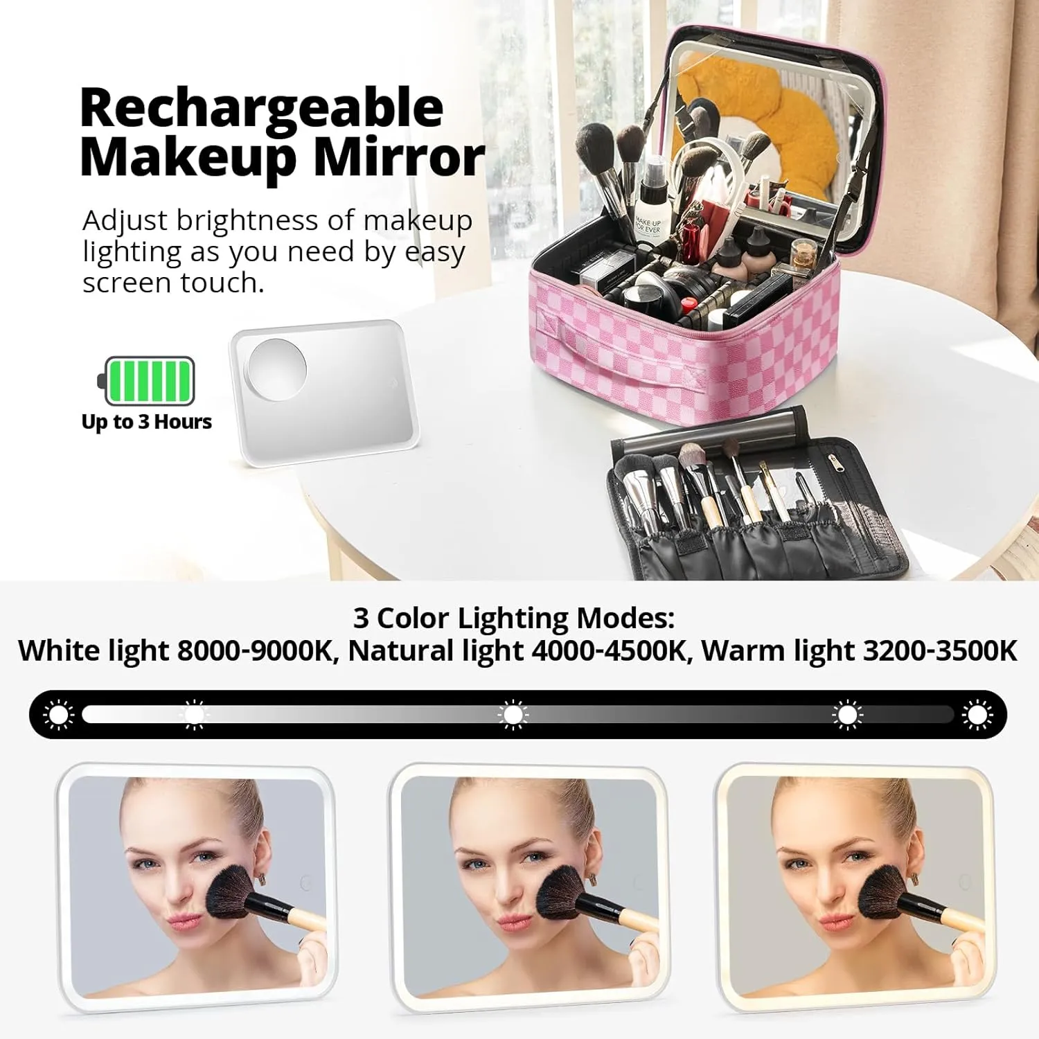 Omobolanle Makeup Bag with Mirror Led Light Detachable Portable Makeup Organizer Travel Cosmetic Train Case with Dividers and 10x Magnifying Mirror Cosmetic Toiletry Bag Pink/White