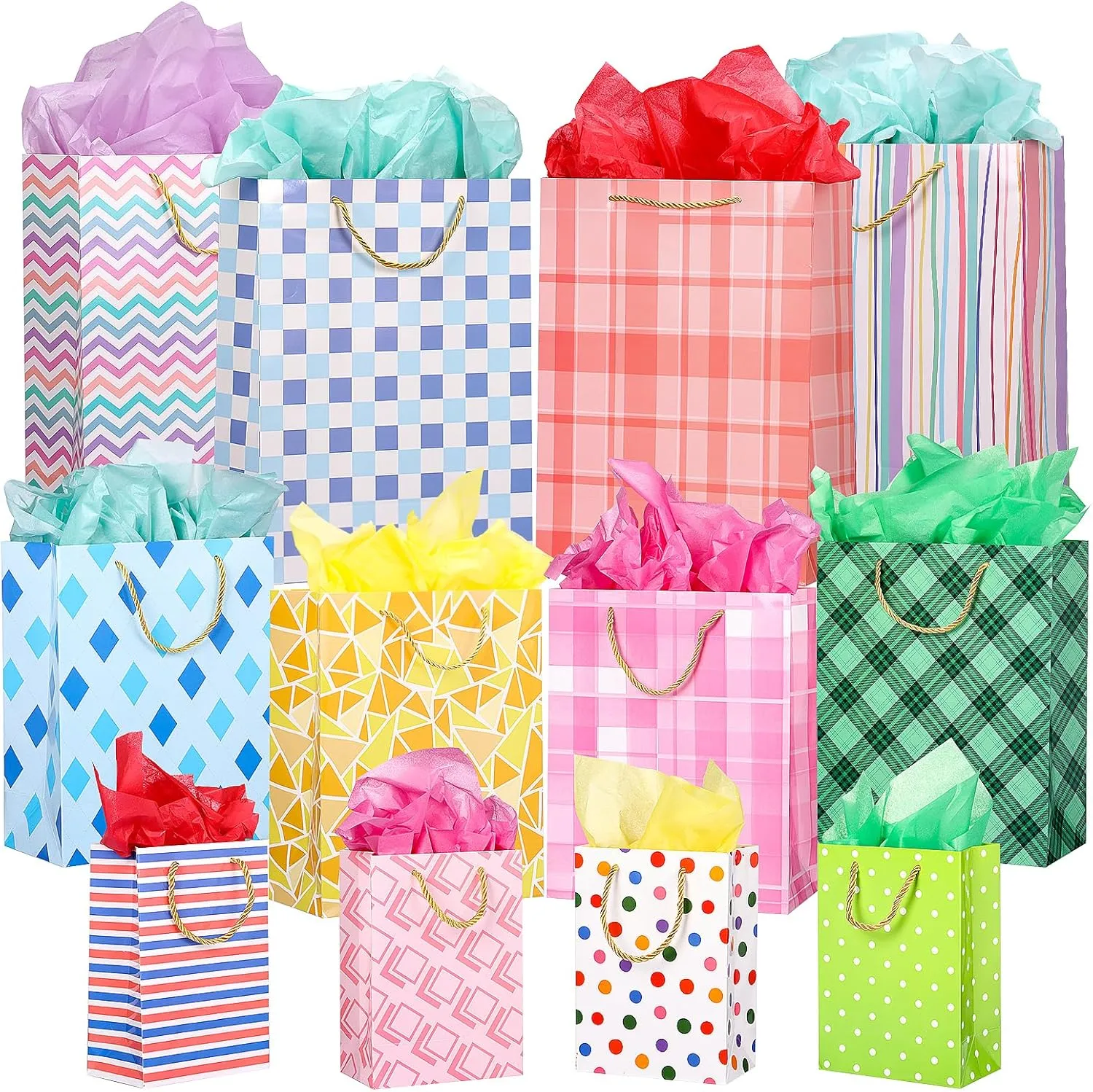 OUTUXED 12pcs Paper Gift Bags Assorted Sizes with Tissue, Birthday Gift Bags 3 Sizes (4 Medium/4 Large/4 Extra Large) - For Birthday, Baby Showers, Party & Wedding