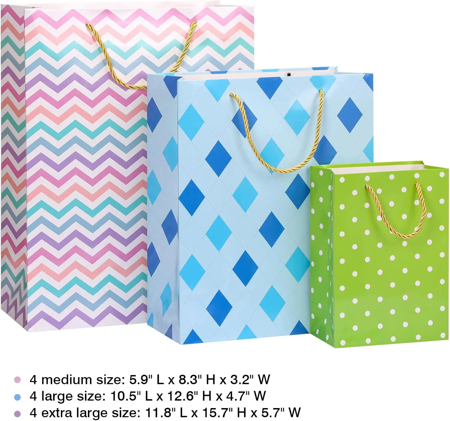 OUTUXED 12pcs Paper Gift Bags Assorted Sizes with Tissue, Birthday Gift Bags 3 Sizes (4 Medium/4 Large/4 Extra Large) - For Birthday, Baby Showers, Party & Wedding