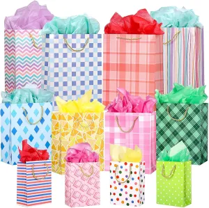 OUTUXED 12pcs Paper Gift Bags Assorted Sizes with Tissue, Birthday Gift Bags 3 Sizes (4 Medium/4 Large/4 Extra Large) - For Birthday, Baby Showers, Party & Wedding