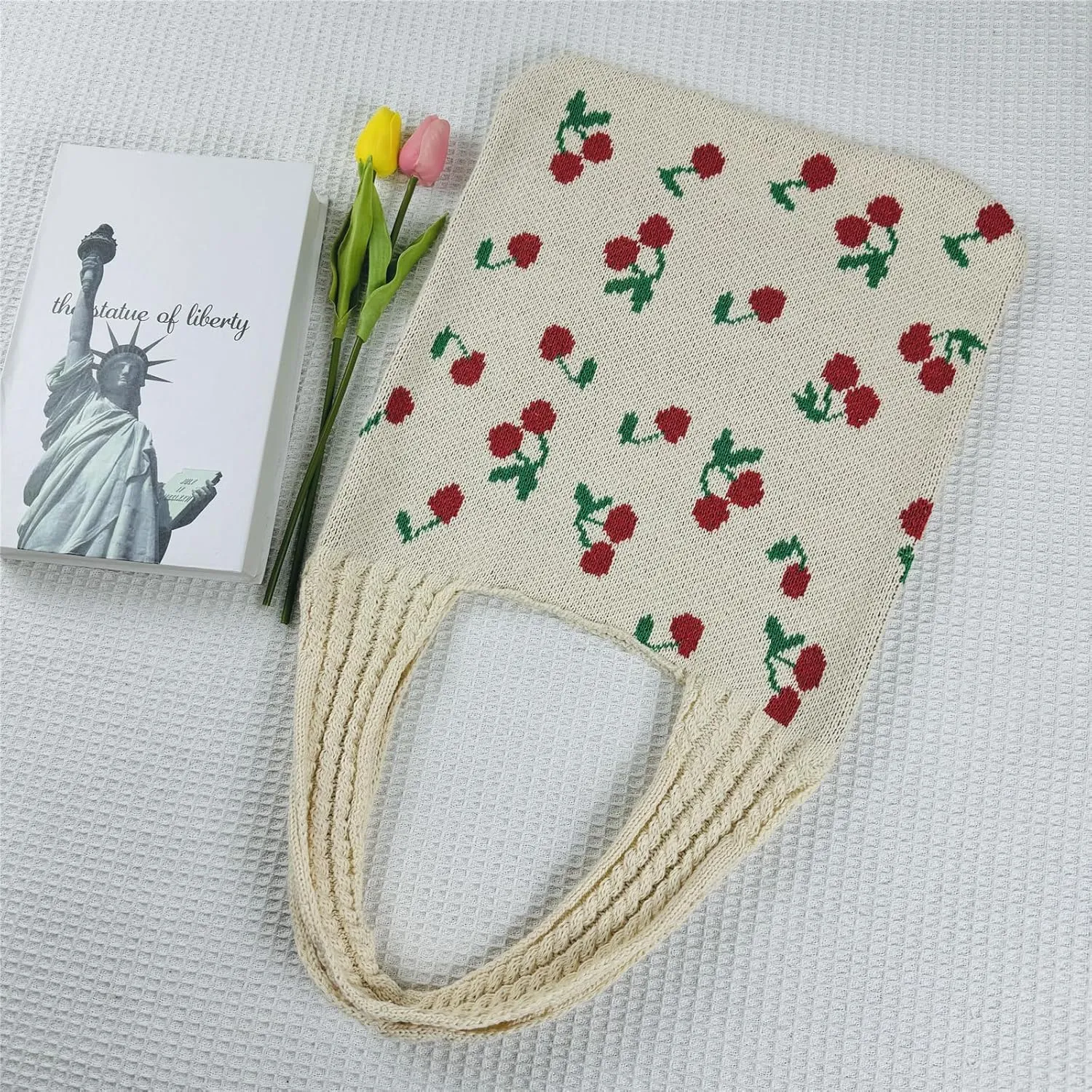 Ovida Cute Bow Tie Crochet Bags for Women Summer Travel Beach Tote Bag Y2k Aesthetic Knit Bag Fairy Grunge Accessories