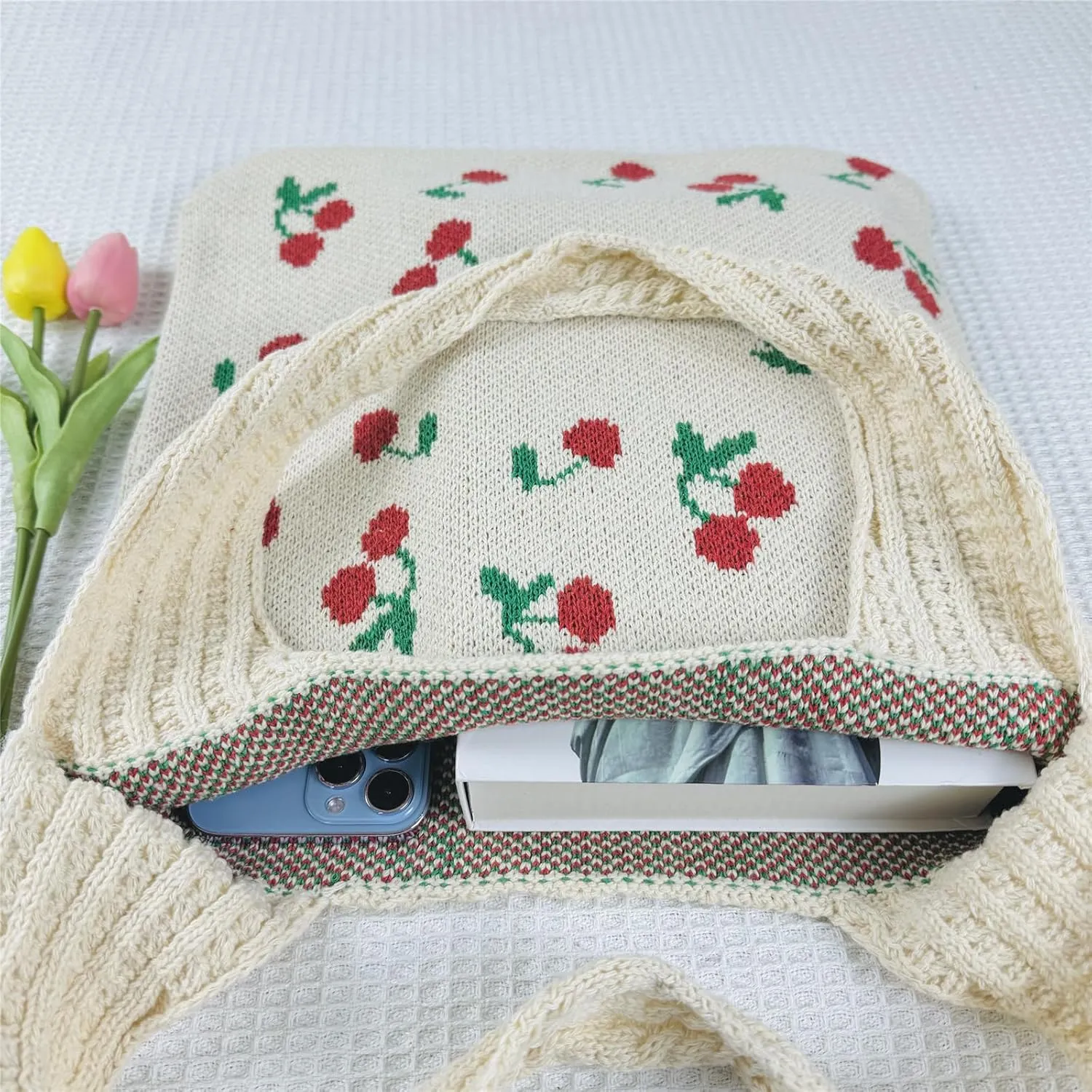 Ovida Cute Bow Tie Crochet Bags for Women Summer Travel Beach Tote Bag Y2k Aesthetic Knit Bag Fairy Grunge Accessories