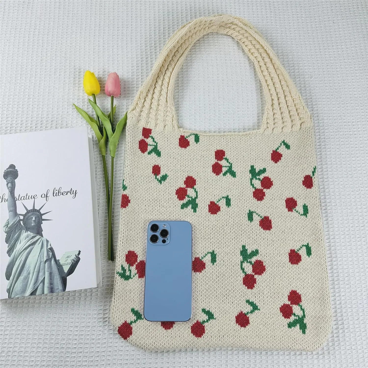 Ovida Cute Bow Tie Crochet Bags for Women Summer Travel Beach Tote Bag Y2k Aesthetic Knit Bag Fairy Grunge Accessories