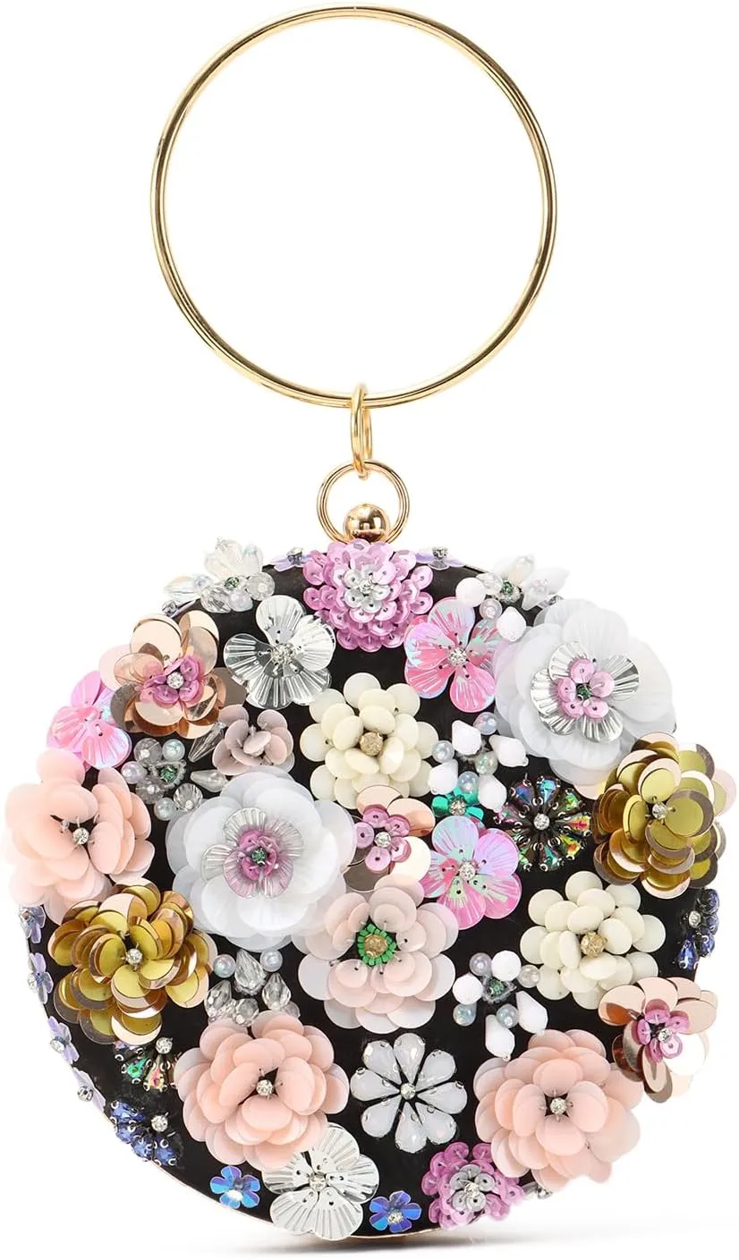 Oweisong Floral Clutch Purses for Women Gold Flower Evening Handbag Formal Wedding Beaded Chain Shoulder Bag