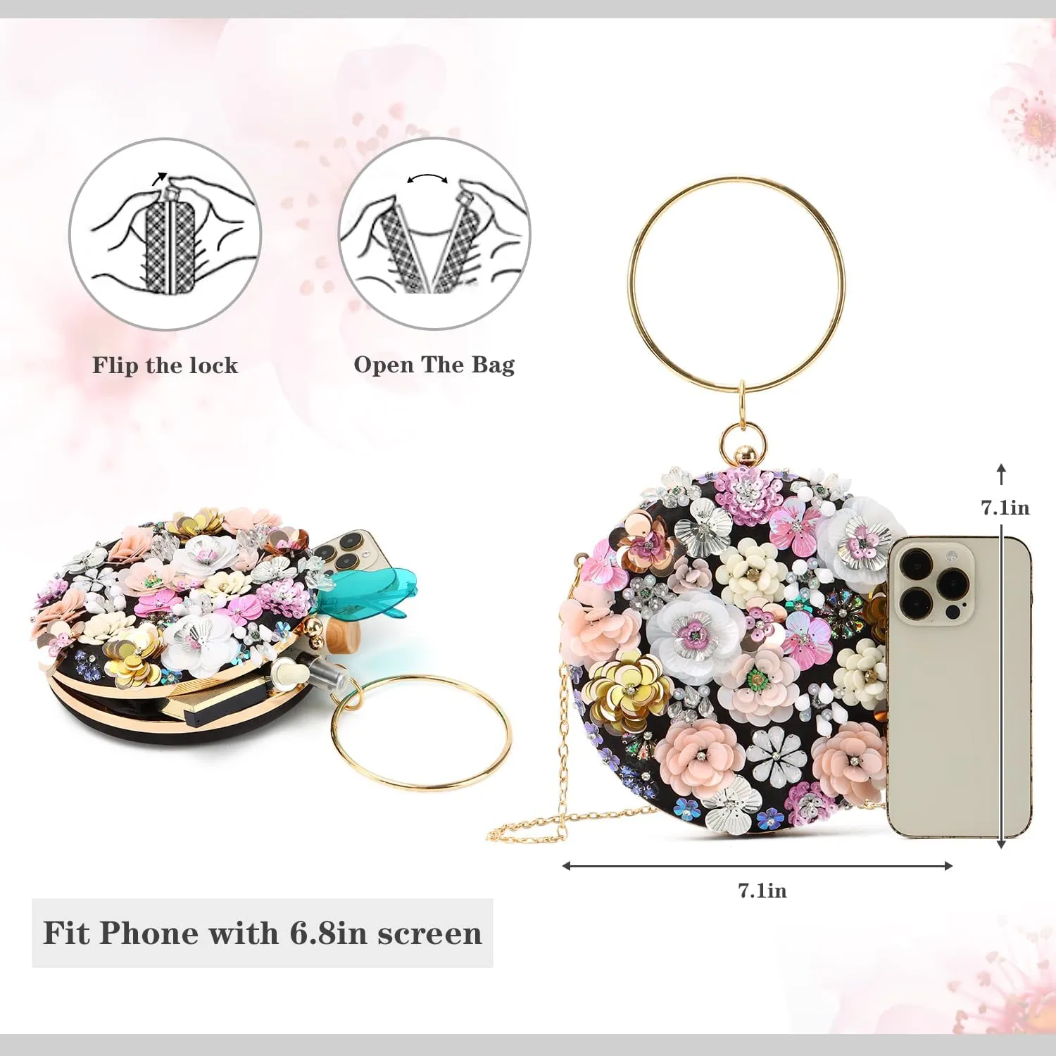 Oweisong Floral Clutch Purses for Women Gold Flower Evening Handbag Formal Wedding Beaded Chain Shoulder Bag