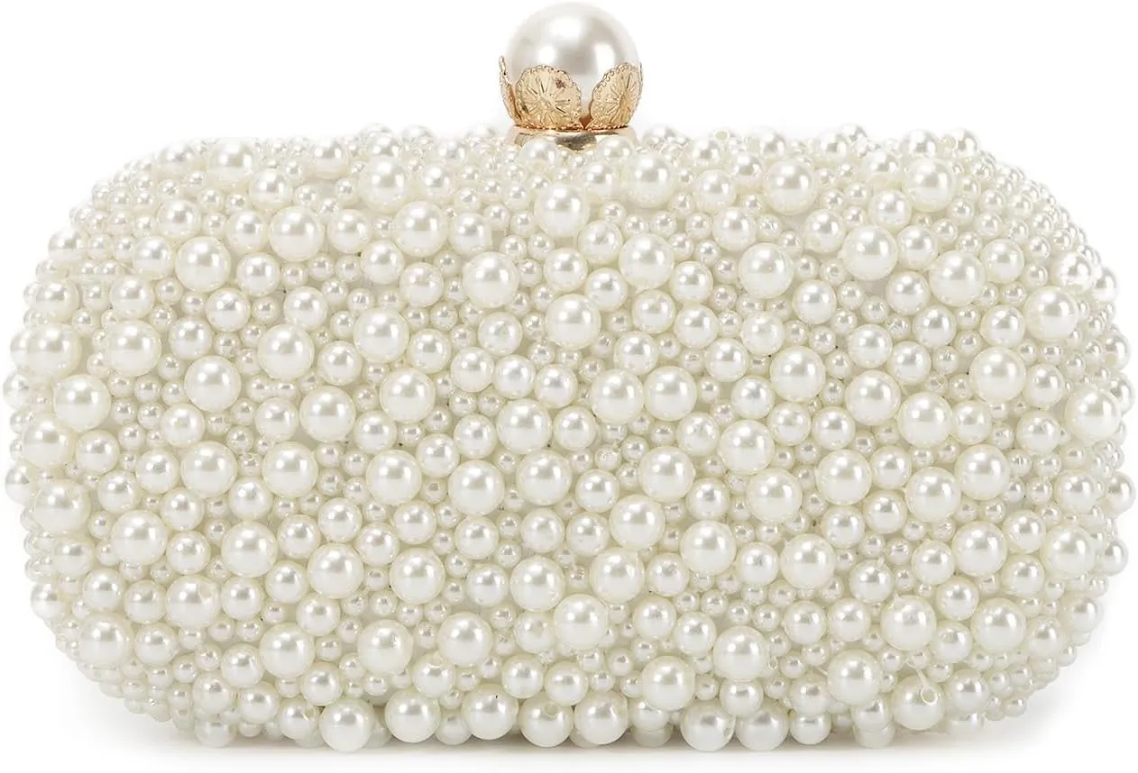 Oweisong White Pearl Clutch Purses for Women Beaded Clutch Bag Formal Wedding Bride Evening Bag Party Tote Handbag