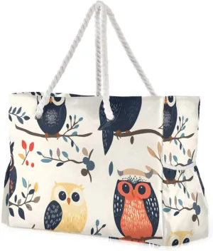 Owl Branch Assemblage Beach Tote Bag - Waterproof Travel Bag with PVC Compartment, Oversized Pool Tote for Vacation Essentials, Vintage Nylon Beach Accessory for Multipurpose Storage