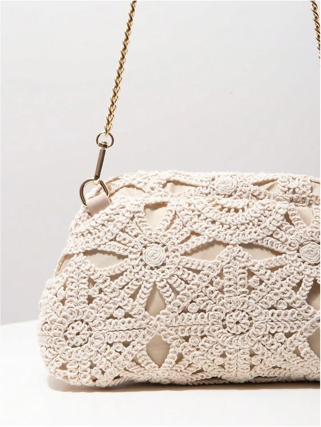 OYOANGLE Women's Crochet Chain Shoulder Bag Kiss Lock Boho Clutch Purse Handbags Woven Beach Crossbody Bags
