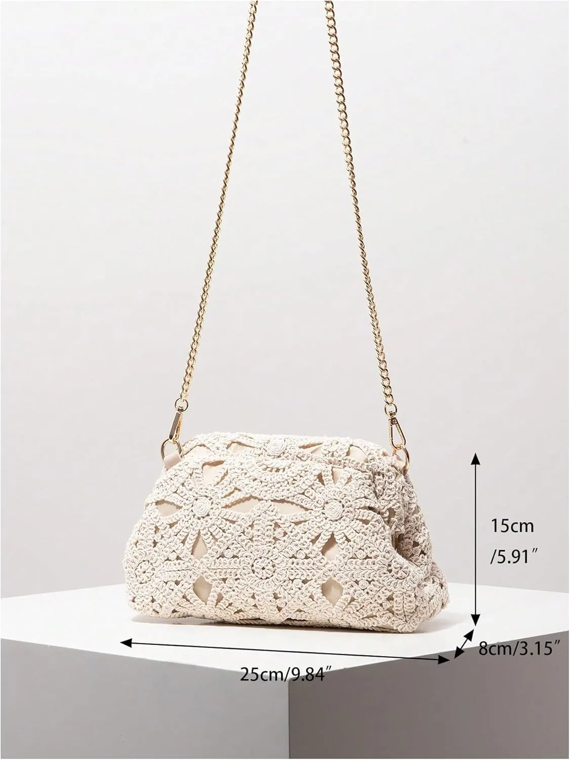 OYOANGLE Women's Crochet Chain Shoulder Bag Kiss Lock Boho Clutch Purse Handbags Woven Beach Crossbody Bags