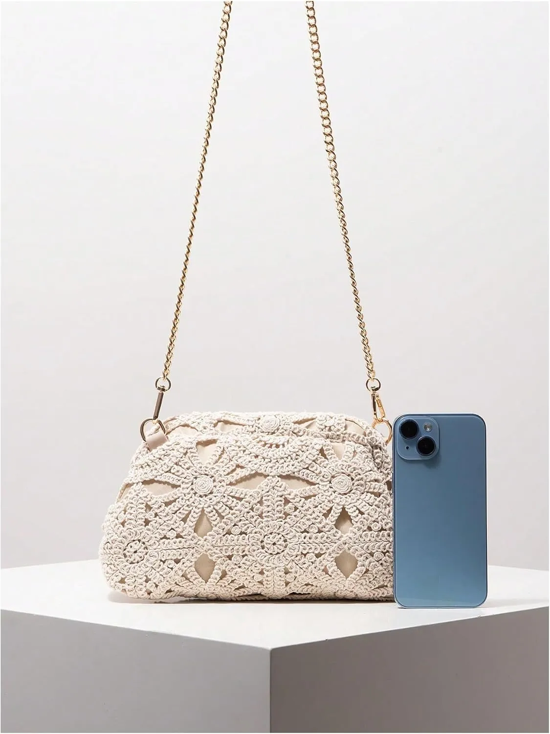 OYOANGLE Women's Crochet Chain Shoulder Bag Kiss Lock Boho Clutch Purse Handbags Woven Beach Crossbody Bags