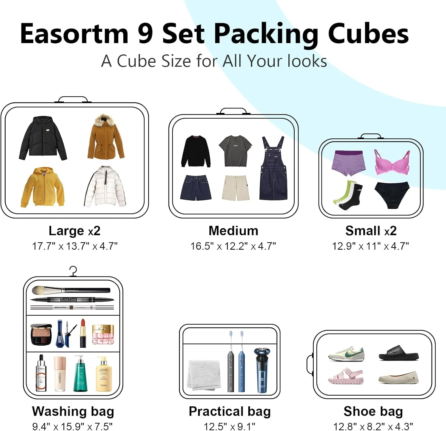 Packing Cubes for Travel - 9 Set Large Travel Cubes Luggage Organizer Bags Set With Laundry Bags/Shoe Bag/Toiletry Bag (Blue)
